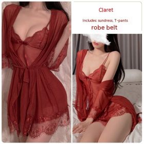 Ruoruo Sexy Lingerie Sexy Pure Color Mesh See-through Sling Women (Option: Purplish Red-XL)