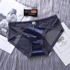 High-end French Style Seamless Ultra-thin Satin Mesh Breathable Lace Underwear For Women (Option: Blue-L)