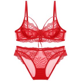 Ribbon Big Chest Show Small Half See-through Bra Set (Option: Red-70C)